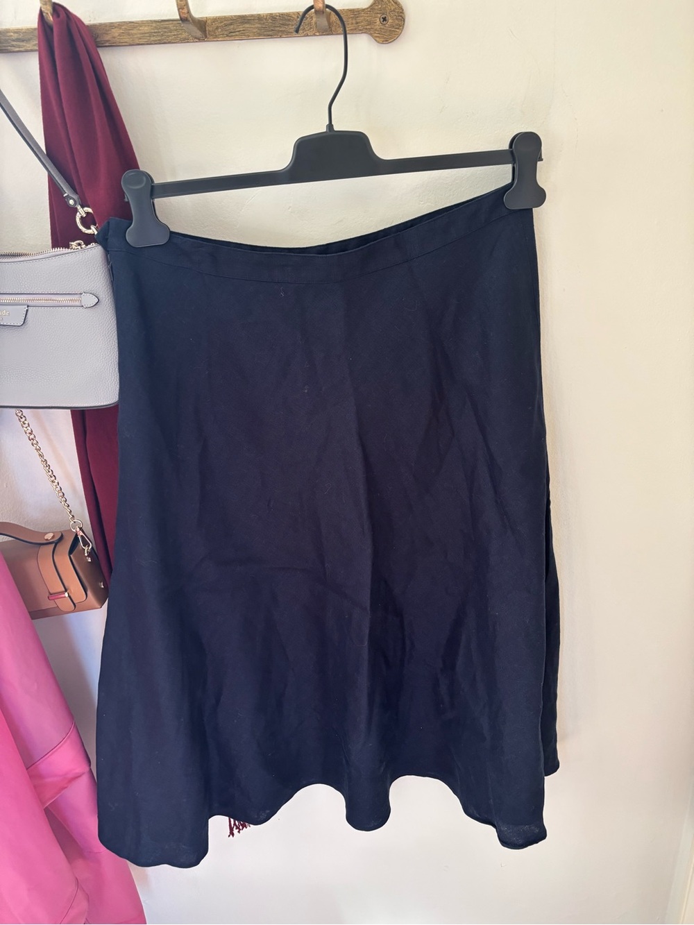 CHAPS Vintage 100% Linen Navy A-Line Skirt Gold Button Size 12